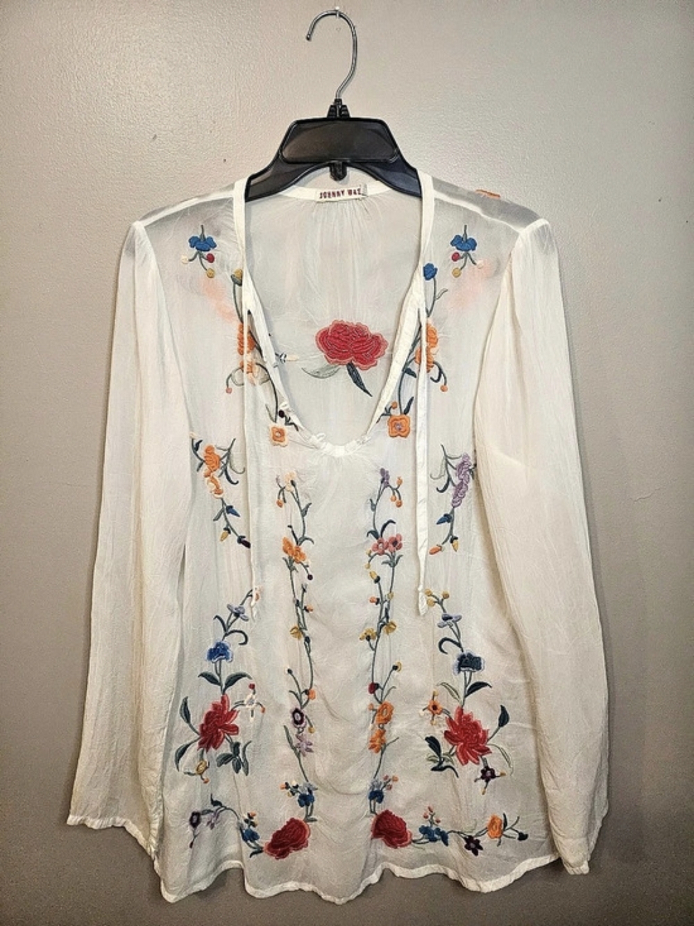 Johnny Was Embroidered Floral Blouse White & Orange Medium